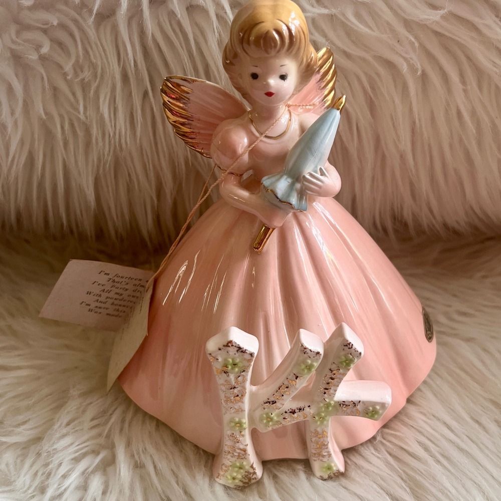 Josef Originals Birthday Girl 14th Year Figurine Pink Angel Parasol VTG Japan